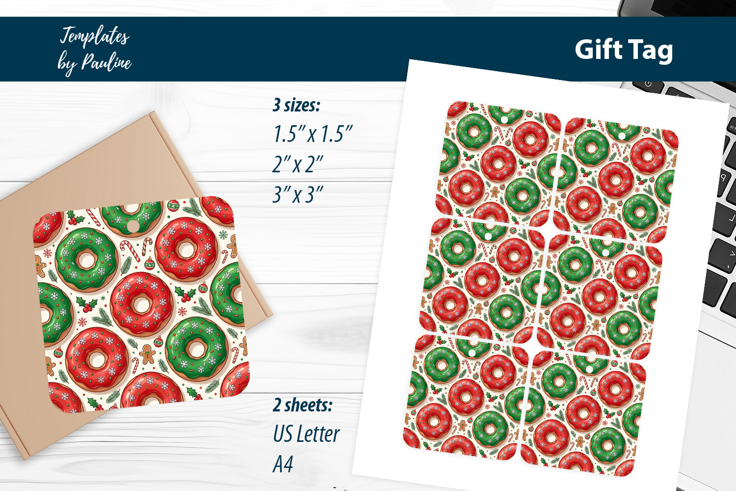 Cute Donut Xmas Gift Tags Printable, Print and Cut product image 1