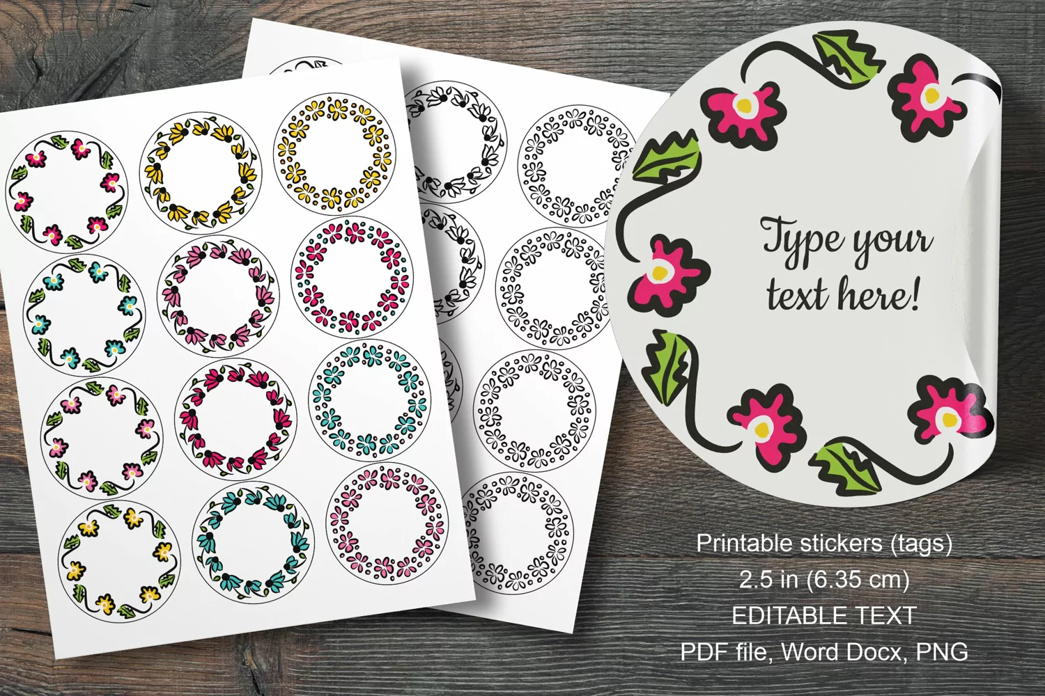 Doodled Flowers Round Labels 12 per paper