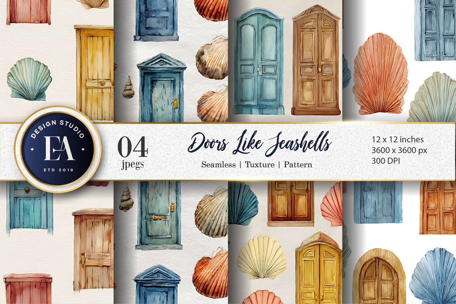 Fantasy Watercolor Doors Designed as Seashells Digital Paper product image 1