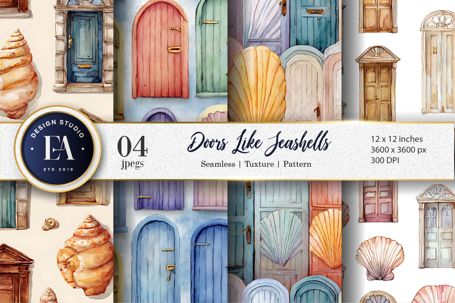 Hand-Painted Seashell Doors Craft Paper Digital Paper product image 1
