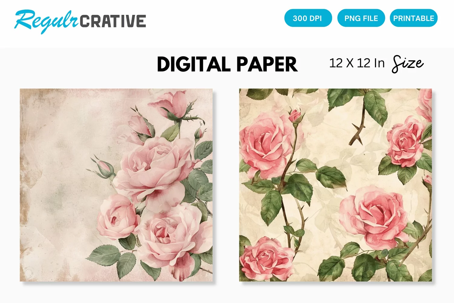 Watercolor Pink Roses Seamless Digital Paper, Roses Pattern product image 1