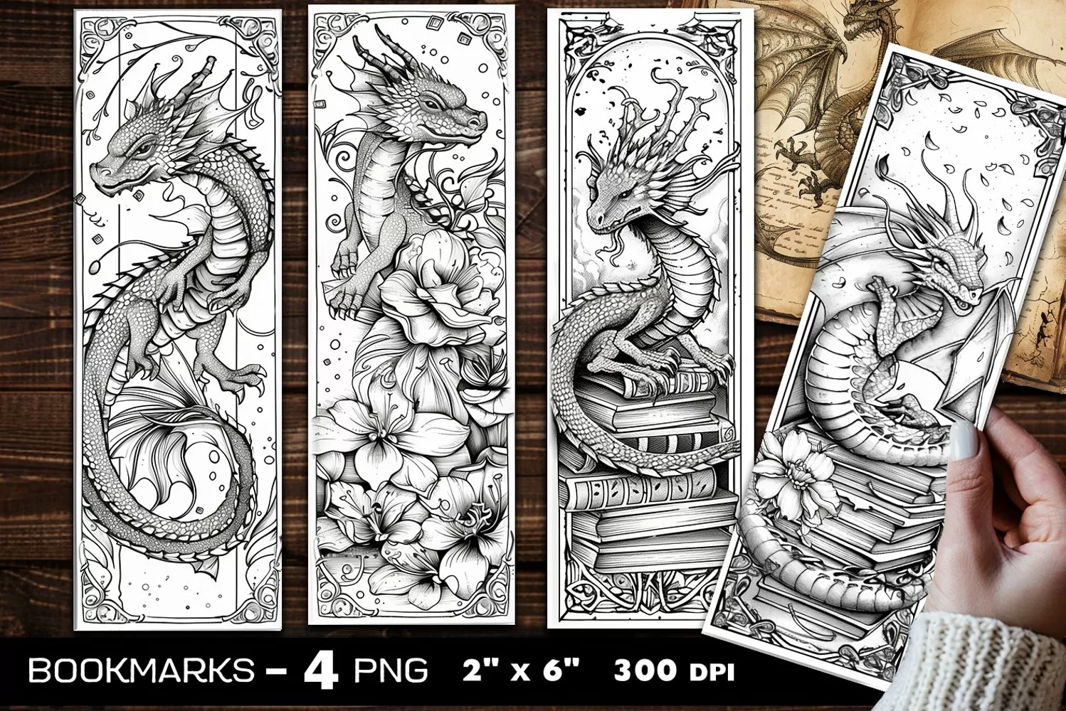 Dragons coloring bookmark, dragon coloring page bookmark product image 1