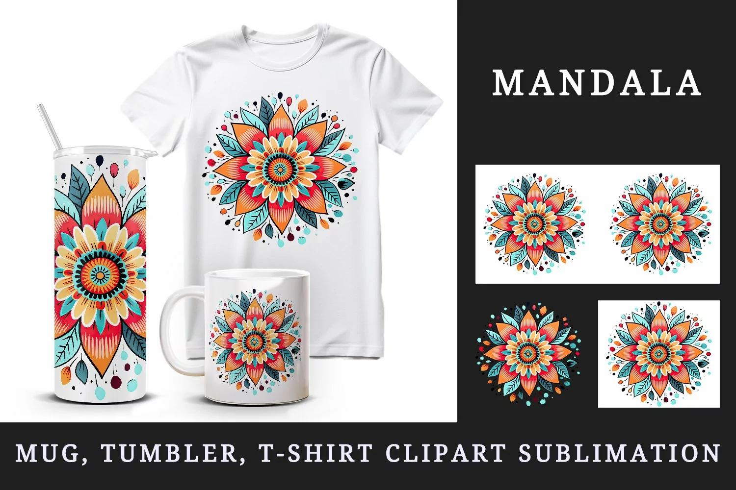 Drawing cute colorful mandala leaves flowers ornament print 20 oz tumbler skinny mug wrap clipart t-shirt sublimation printable design