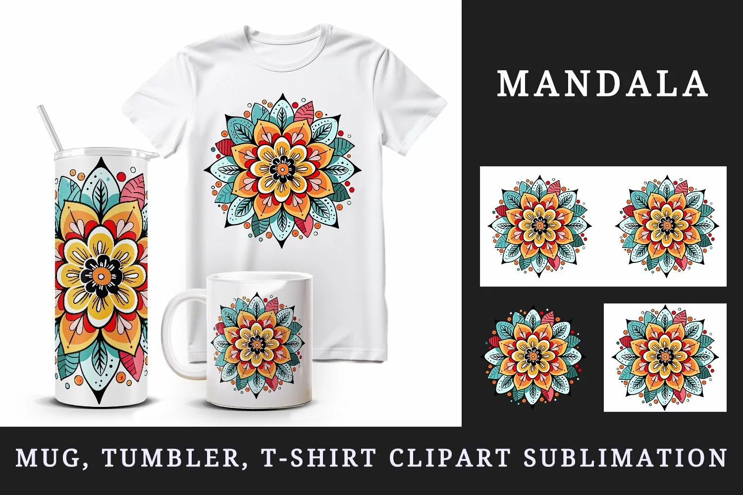 Drawing cute colorful mandala leaves flowers ornament print 20 oz tumbler skinny mug wrap clipart t-shirt sublimation printable design