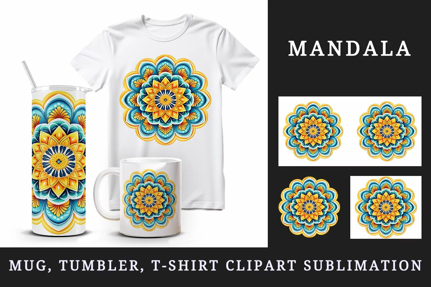 Drawing cute colorful mandala leaves flowers ornament print 20 oz tumbler skinny mug wrap clipart t-shirt sublimation printable design