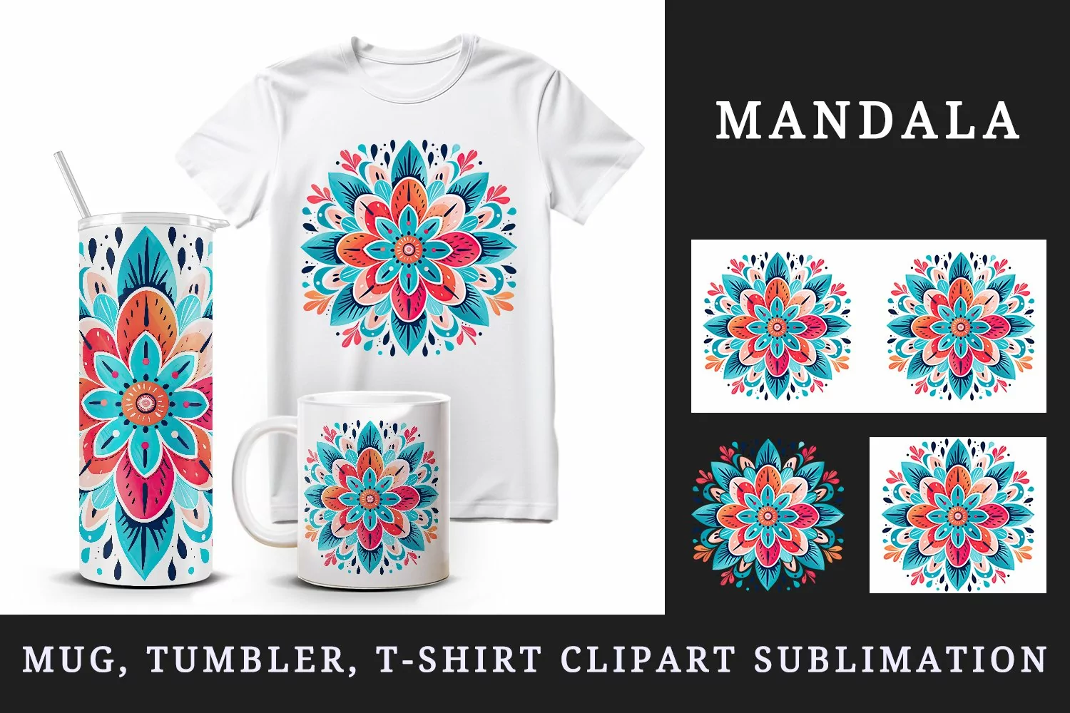 Drawing cute colorful mandala ornament print 20 oz tumbler skinny mug wrap clipart t-shirt sublimation printable design