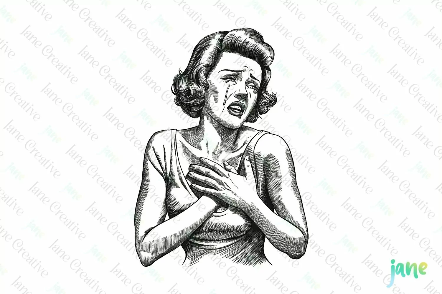 Vintage Woman Crying Sublimation Clipart product image 1