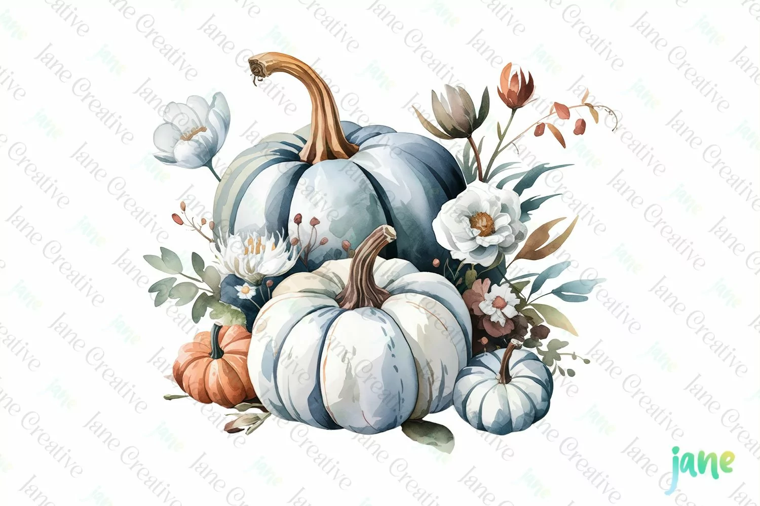 Watercolor Pumpkin Blue Fall Clipart product image 1