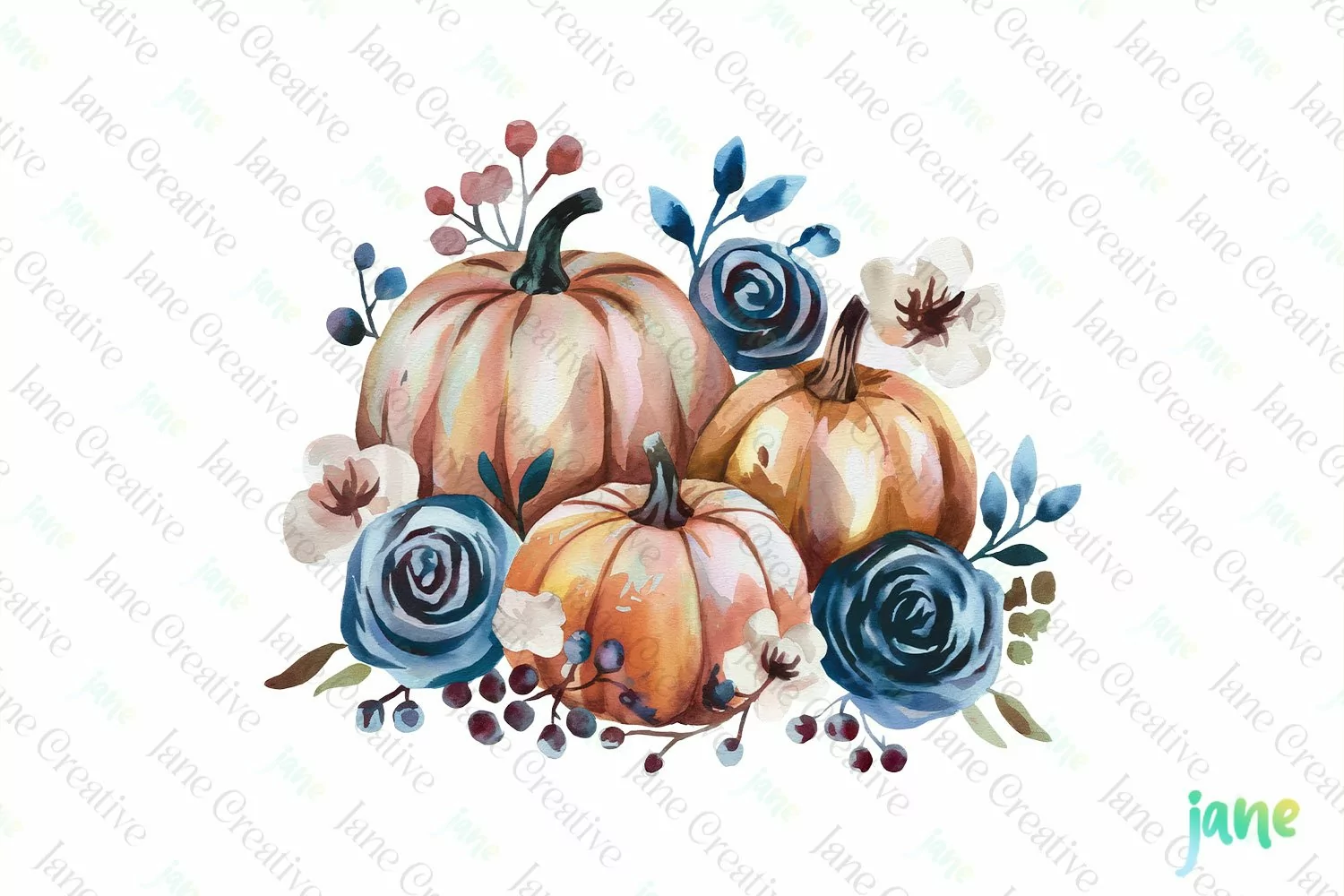 Watercolor Pumpkin Blue Fall Clipart product image 1