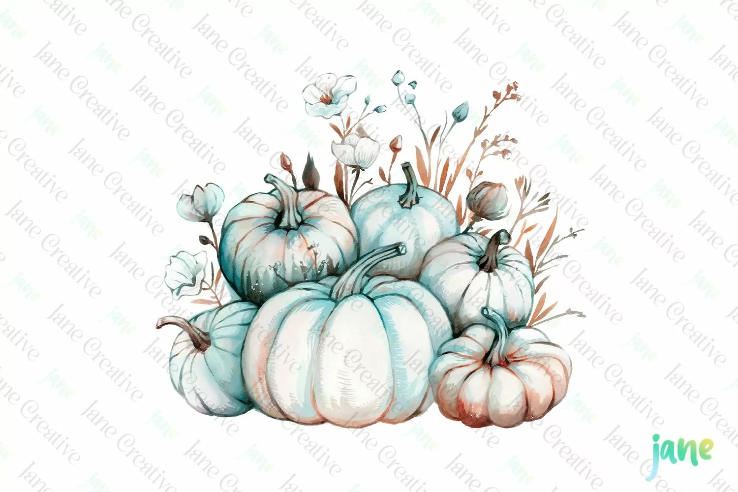 Watercolor Pumpkin Blue Fall Clipart product image 1