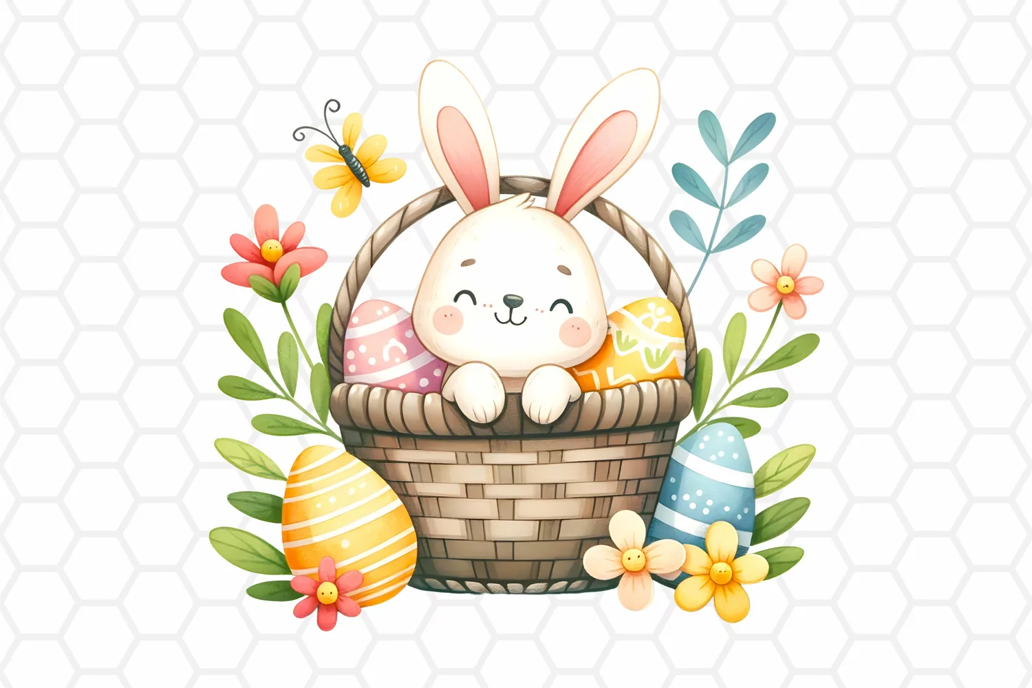 Easter Basket with Bunny Watercolor Clipart Sublimation PNG