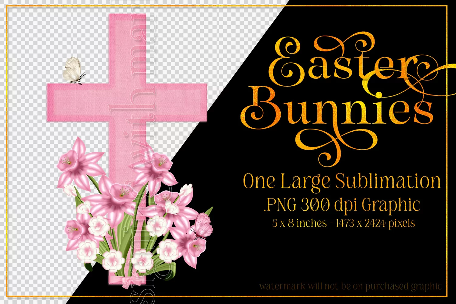 Easter Clipart, Pink Easter Cross with Flowers PNG, d1 product image 1