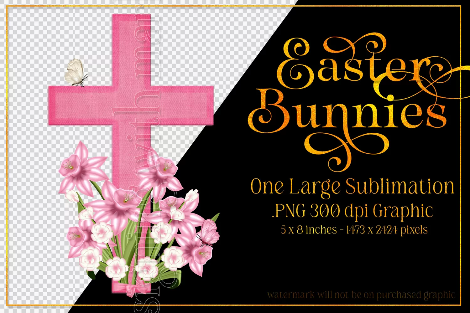 Easter Clipart, Pink Easter Cross with Flowers PNG, d2 product image 1