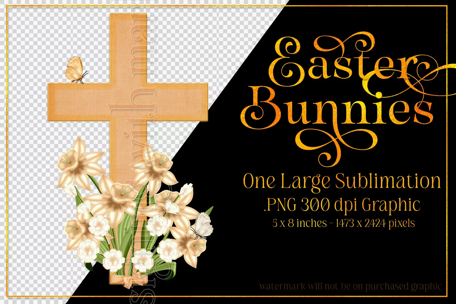 Easter Clipart, Orange Easter Cross with Flowers PNG, d1 product image 1