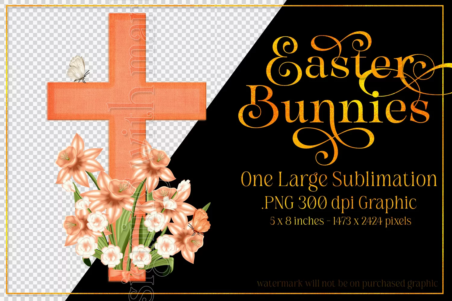 Easter Clipart, Orange Easter Cross with Flowers PNG, d2 product image 1