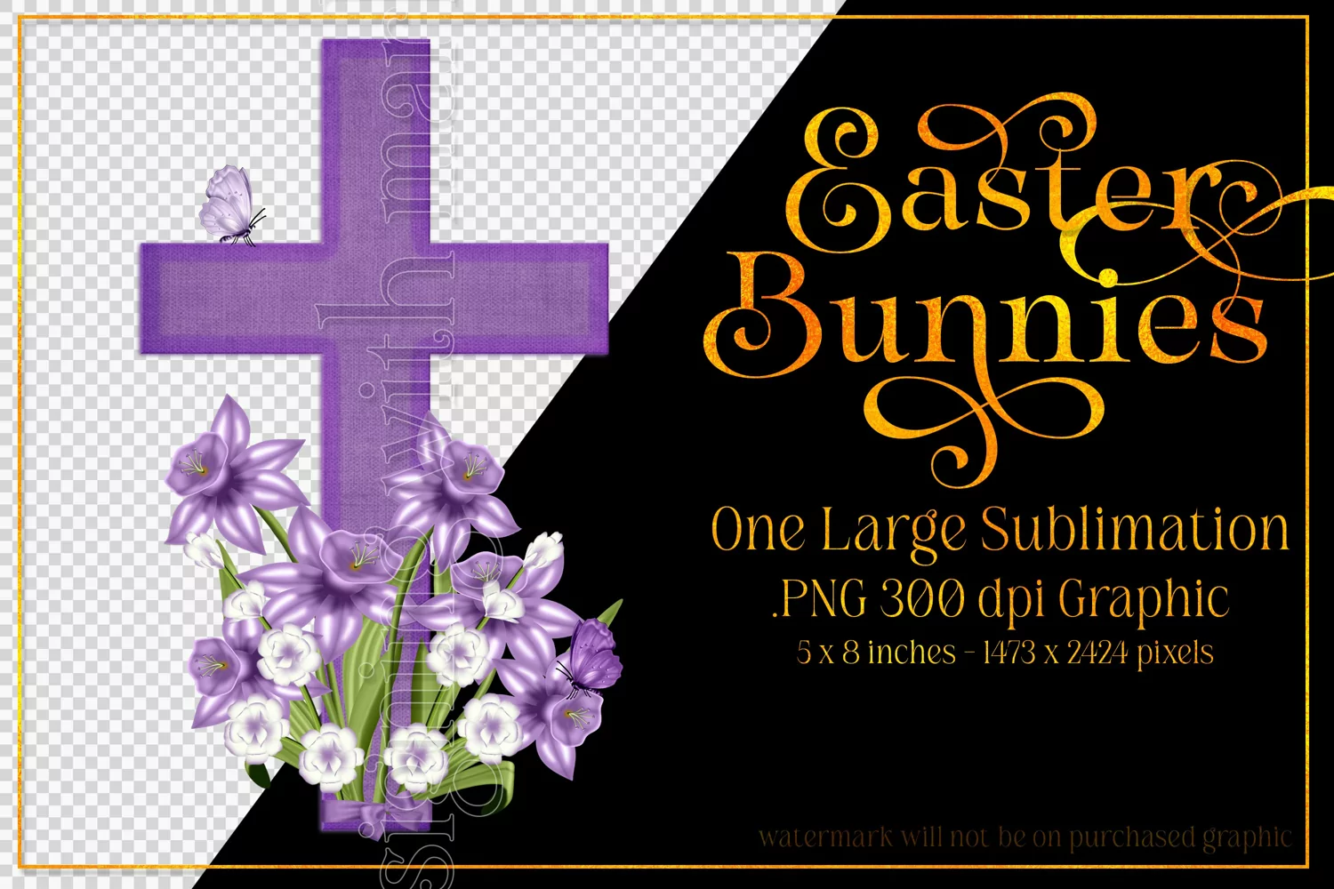 Easter Clipart, Purple Easter Cross with Flowers PNG, d1 product image 1