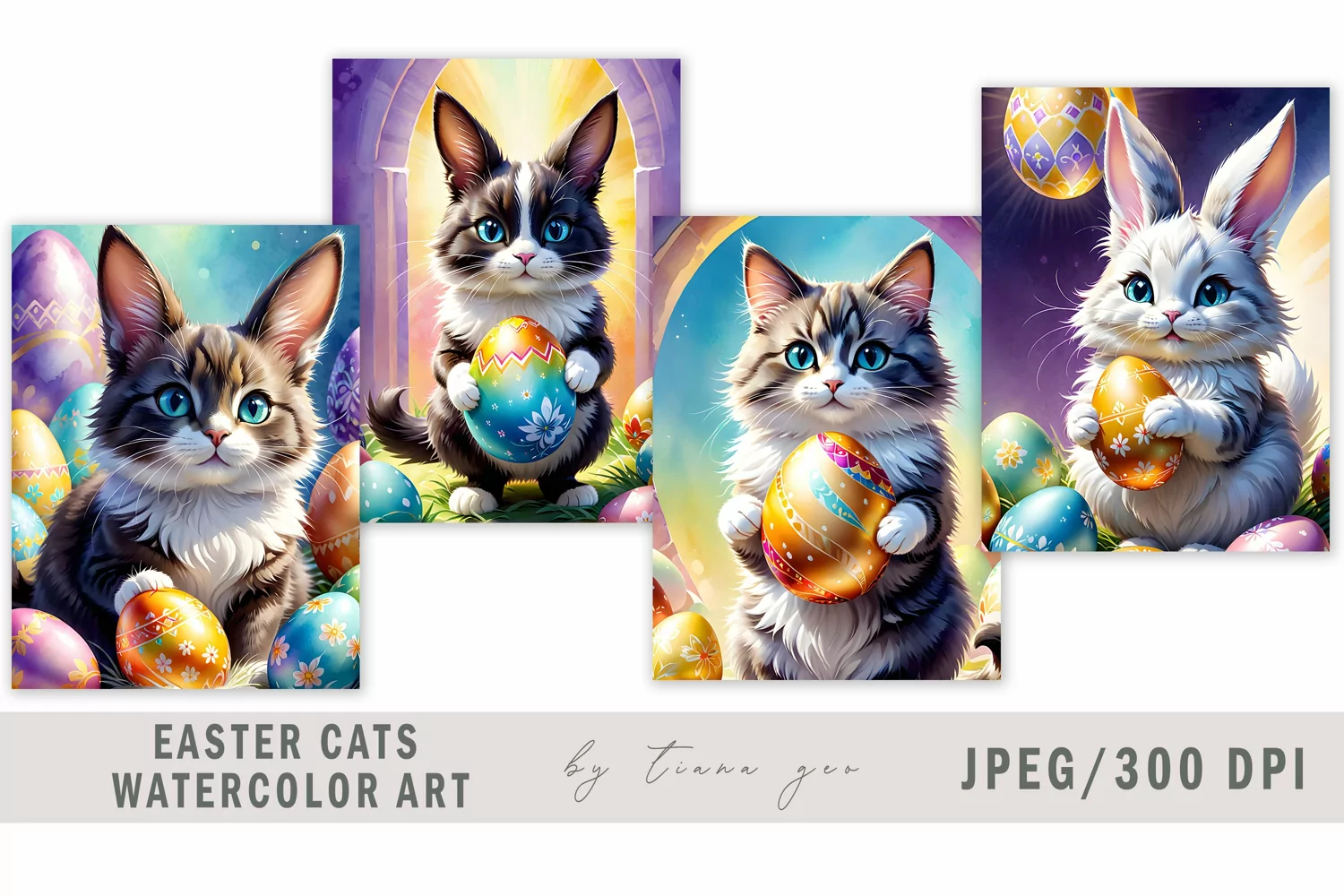 Cute watercolor Easter bunny cat illustration- 4 Jpeg product image 1