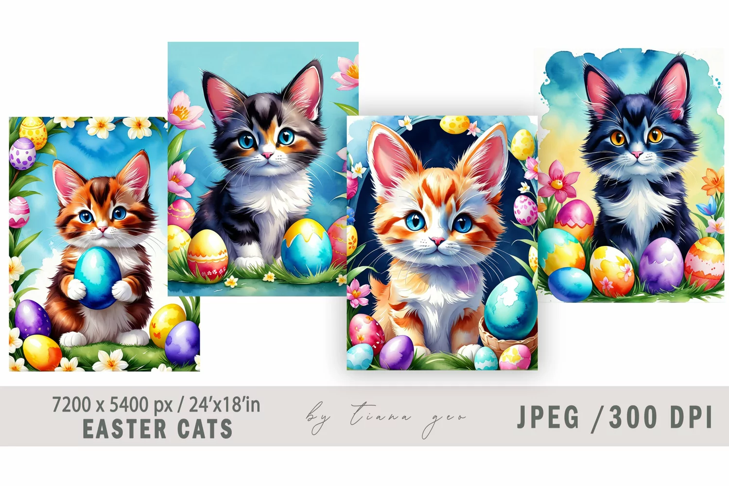 Cute watercolor Easter kitty illustrations - 4 Jpeg files product image 1