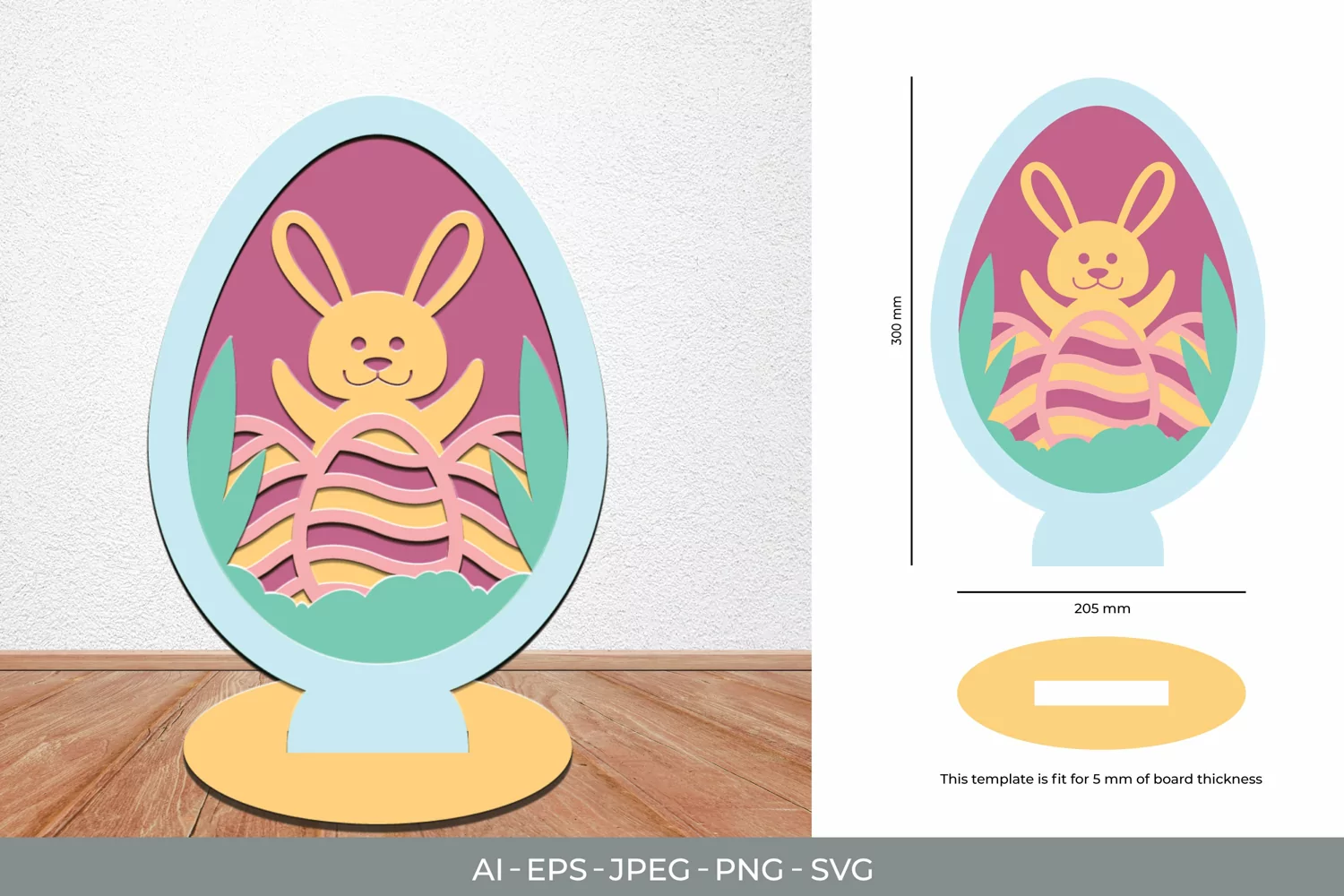 Happy Bunny with Eggs, Easter Decor with Stand Base Lasercut product image 1
