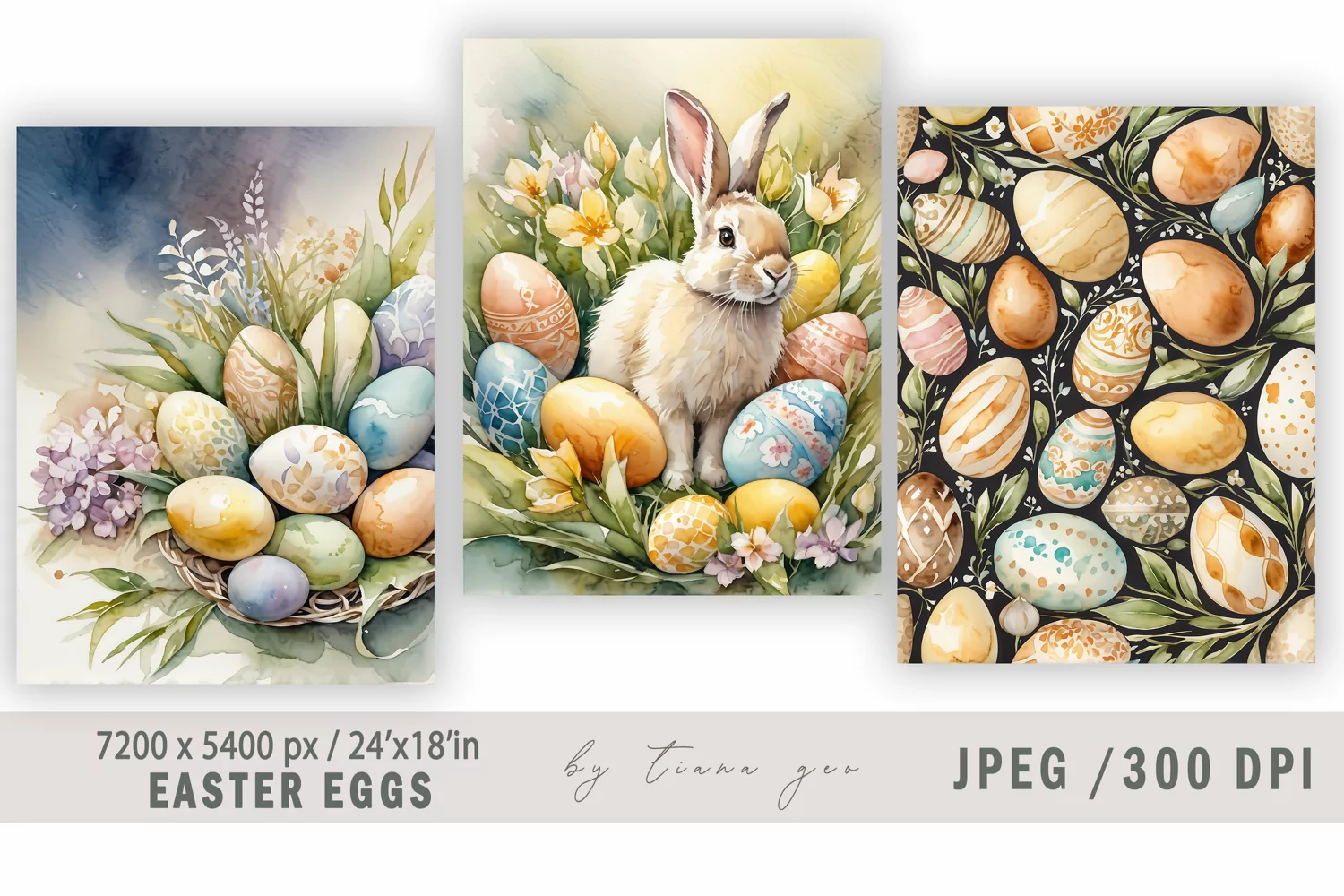 Easter bunny vintage watercolor illustrations - 3 Jpeg files product image 1