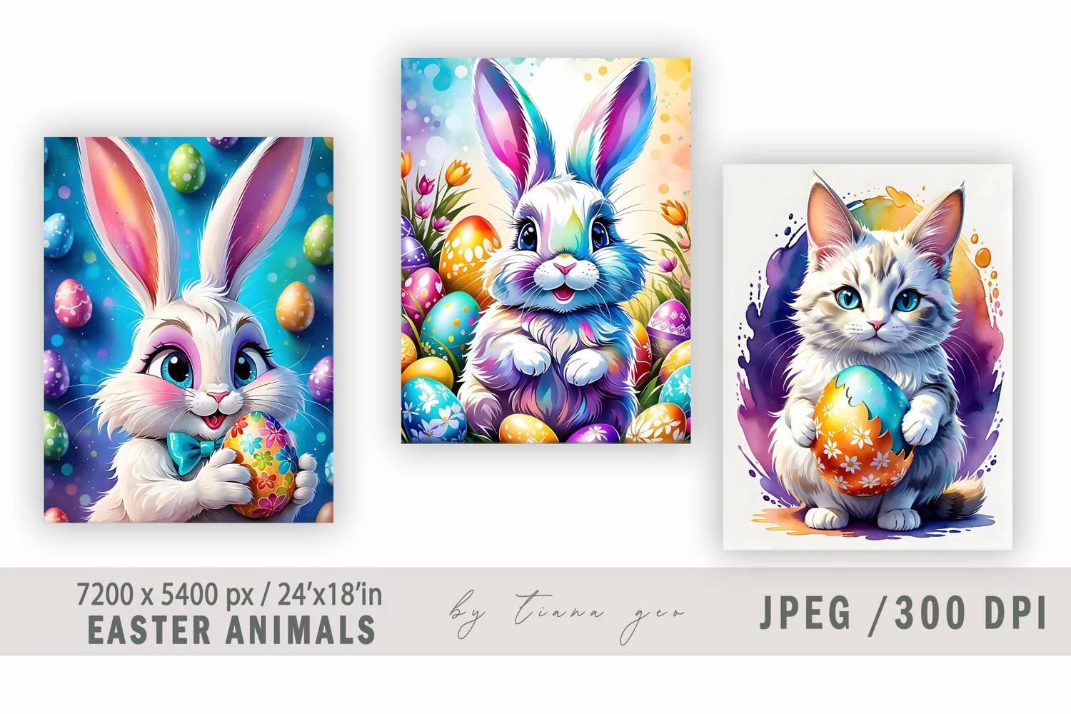 Easter bunny and cat illustration for greeting cards- 3 Jpeg product image 1