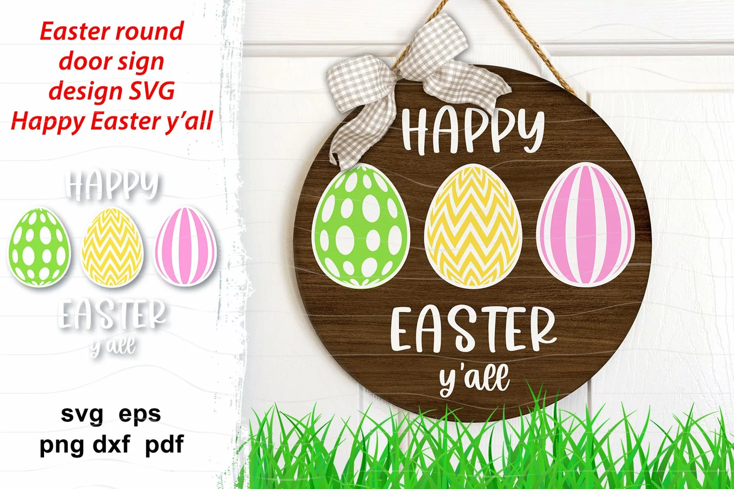 Round ornament with decorated eggs and quote Happy Easter y’all for door or porch sign, door hanger, spring home decoration. Layered cute design goes in 2 options.