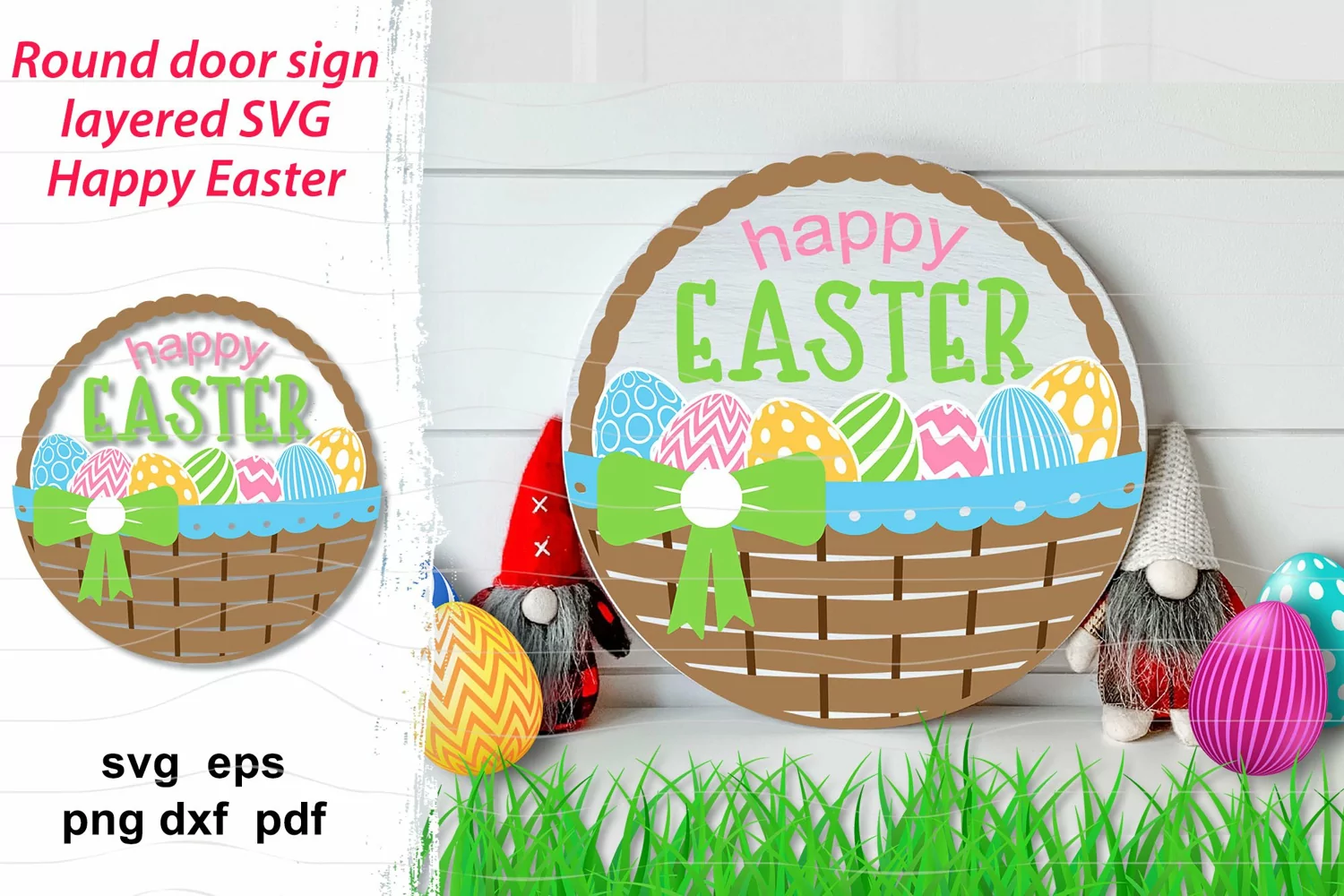 Round SVG ornament with quote Happy Easter and basket with decorated eggs for door or porch sign, door hanger, home decoration, spring holidays, Easter diy decor. Layered cute design.