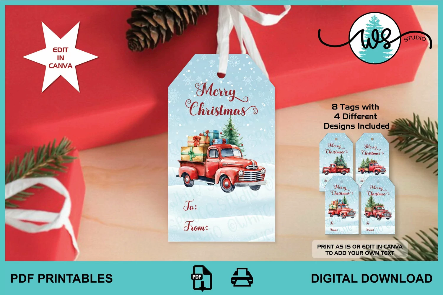Vintage Truck Printable Editable Gift Tags Party Favors product image 1