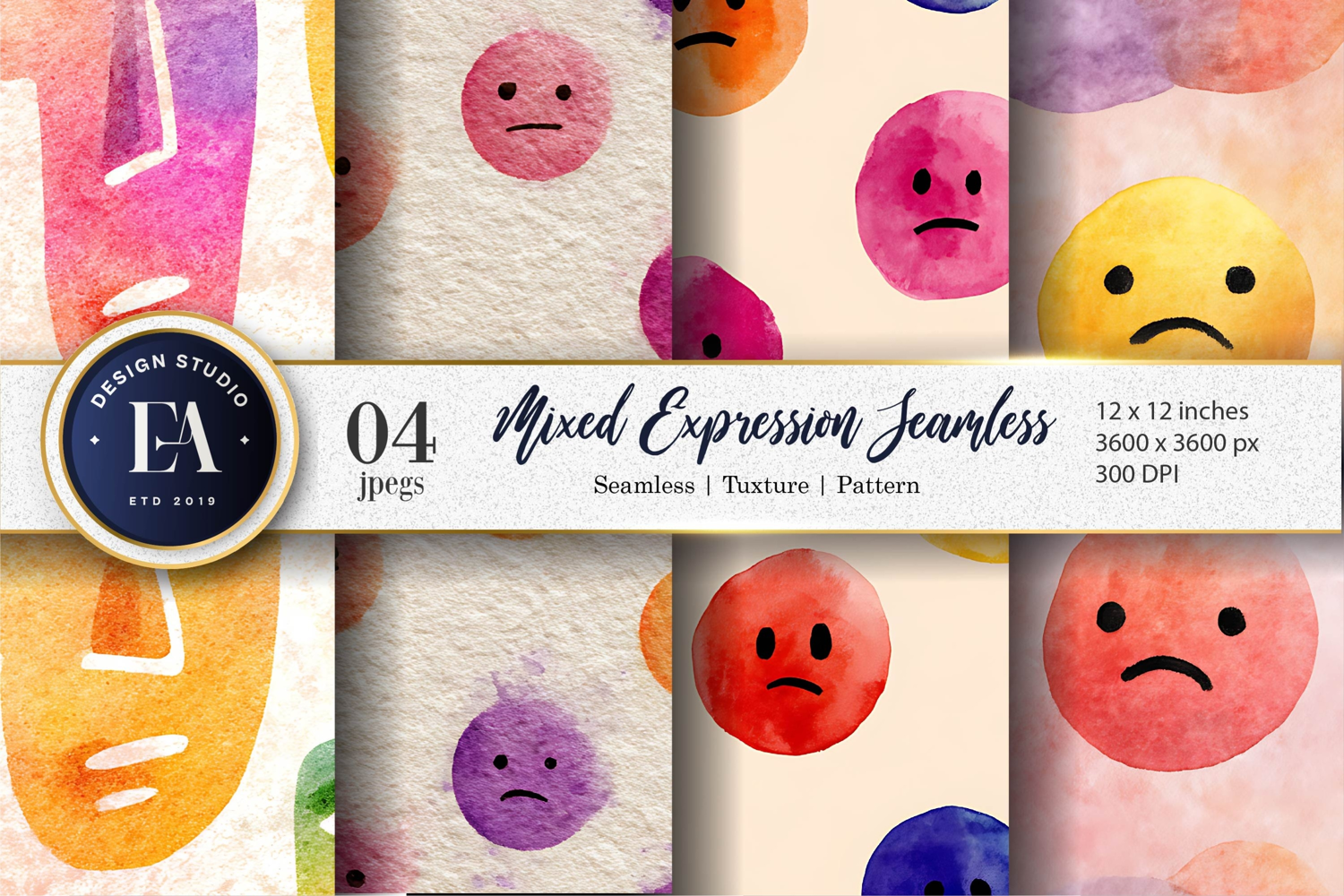 Emoji Face Bold Expression Watercolor Seamless Digital Paper product image 1