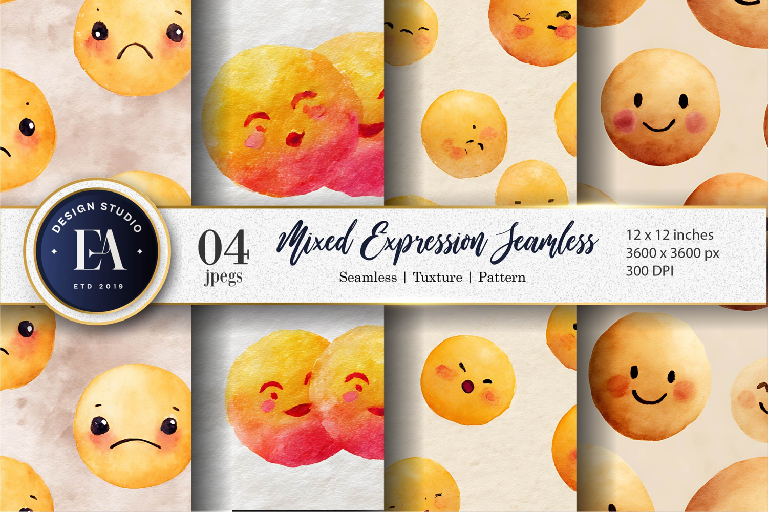 Seamless Emoji Face Bold Expression Watercolor Digital Paper product image 1