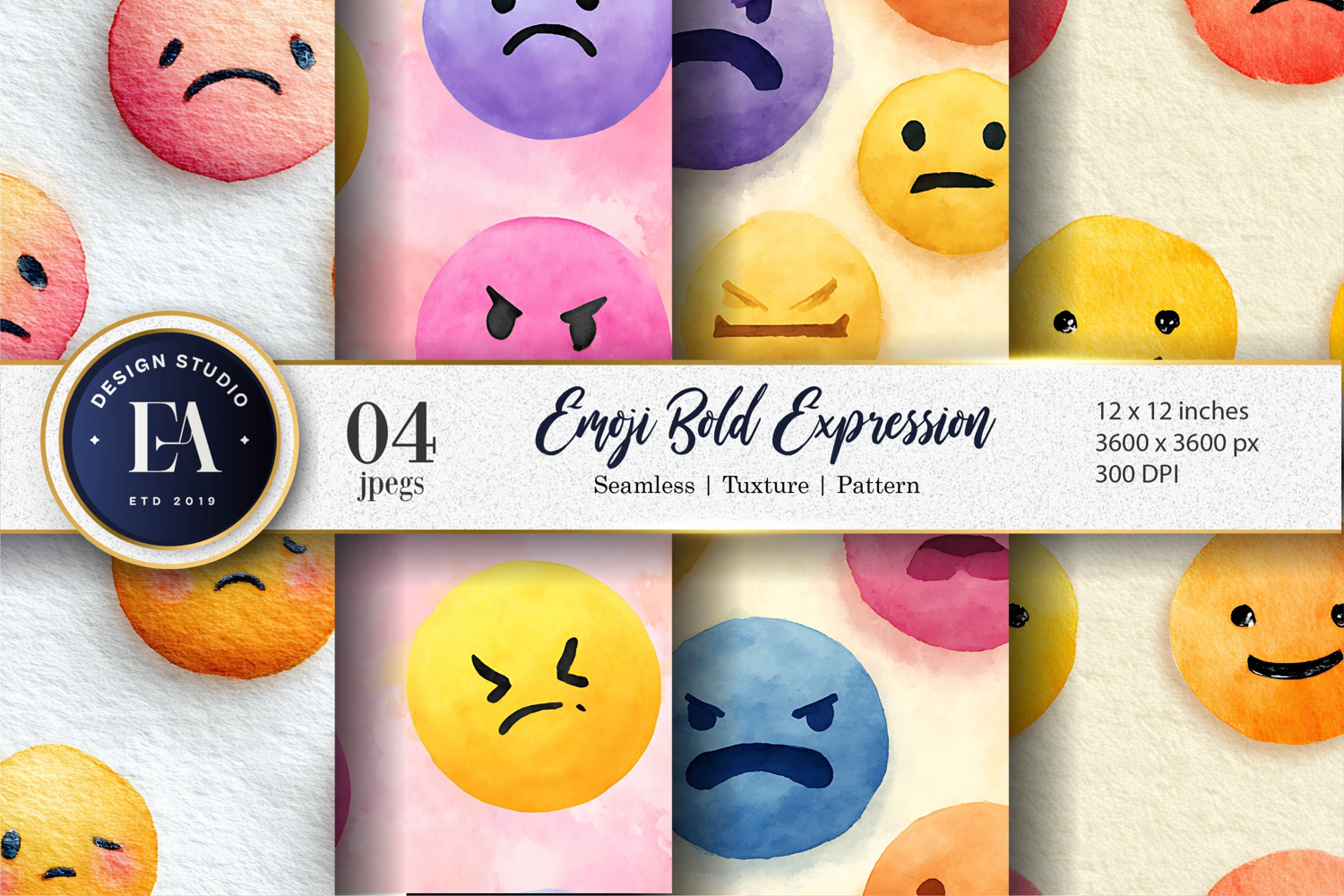 Seamless Watercolor Emoji Bold Expression Digital Paper product image 1