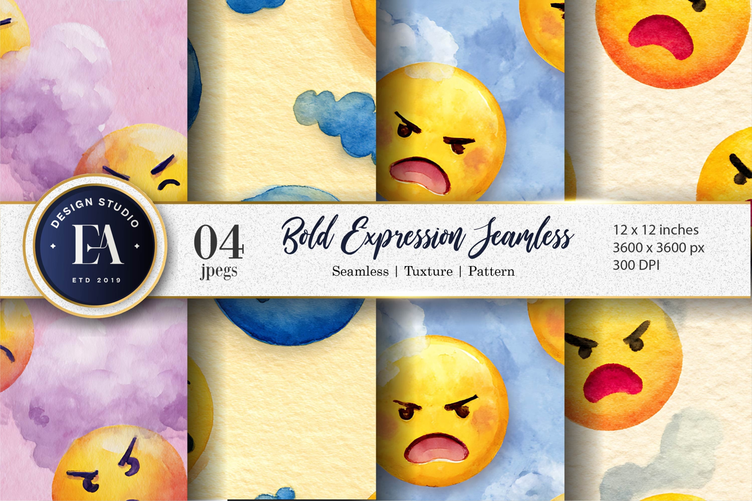 Bold Watercolor Emoji Face Seamless Expression Digital Paper product image 1