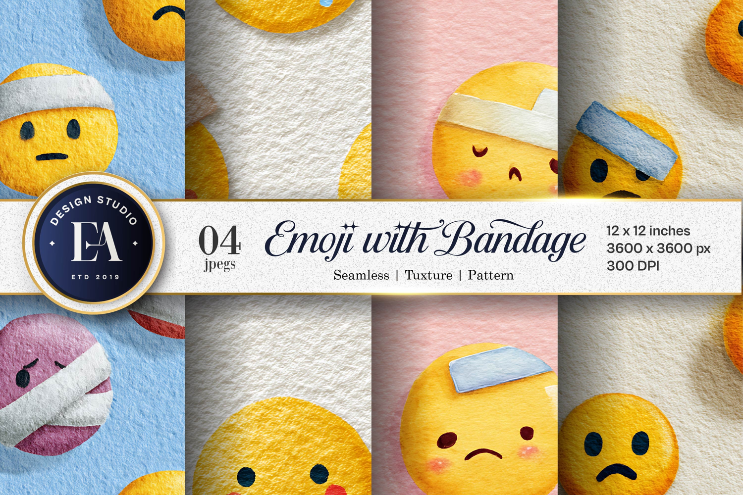 Hand-Painted Bandaged Emoji Face Digital Paper product image 1