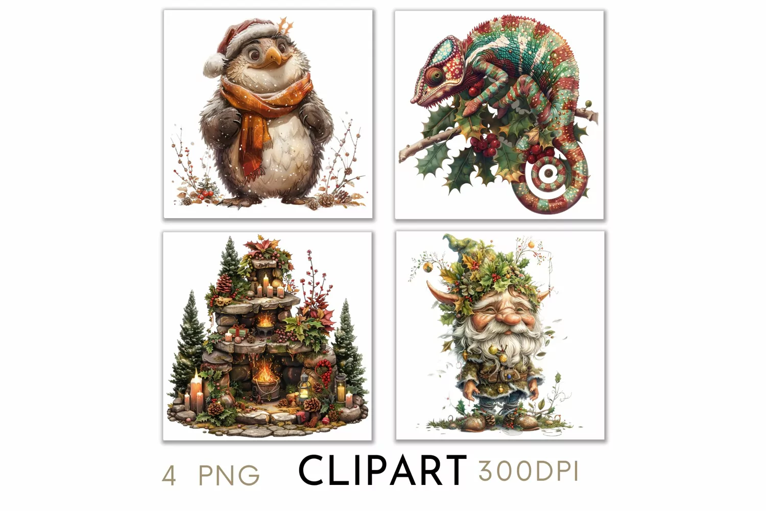 Enchanted Christmas Illustrations Watercolor Clipart PNG