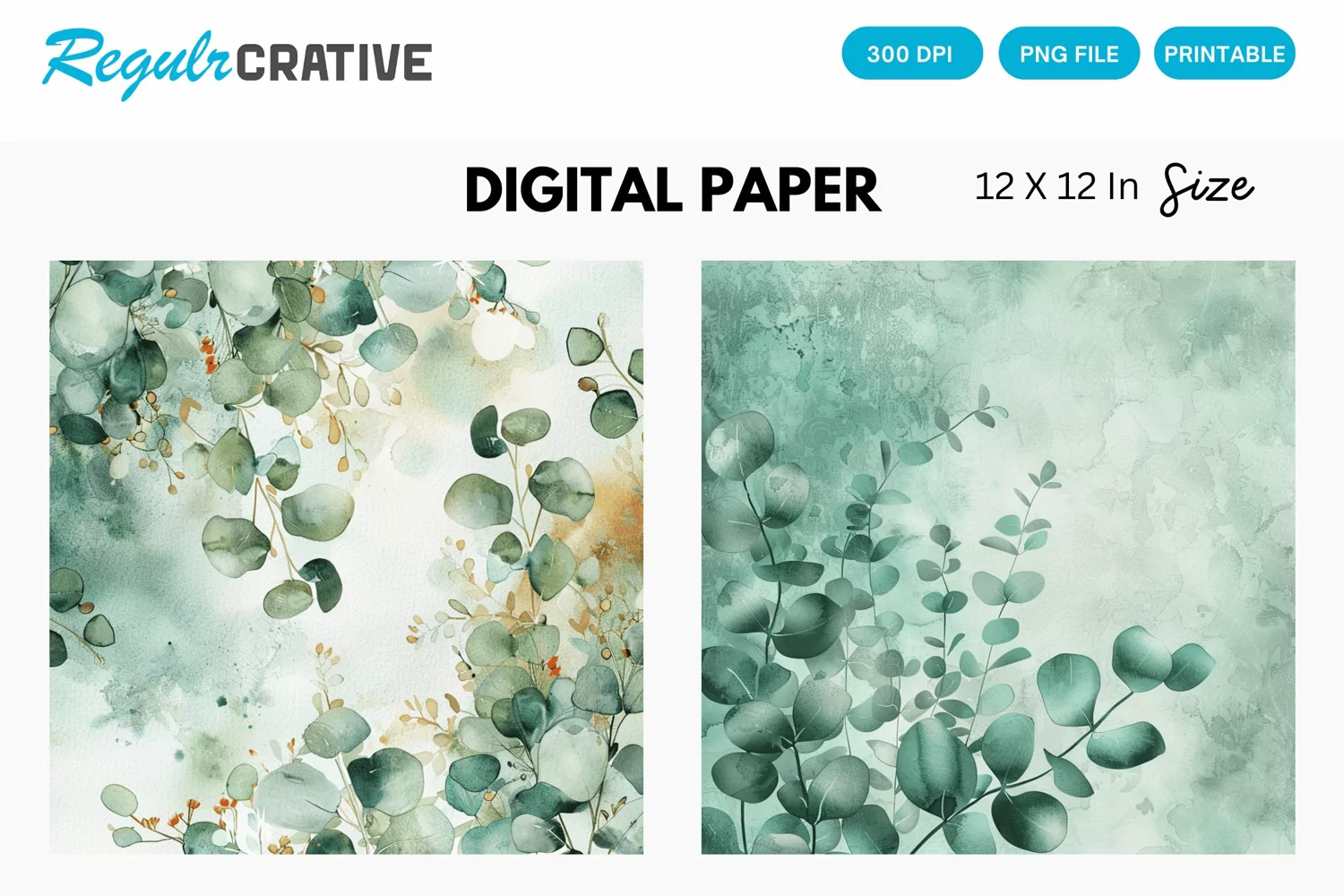 Eucalyptus Watercolor Seamless Digital Paper, Eucalyptus PNG product image 1
