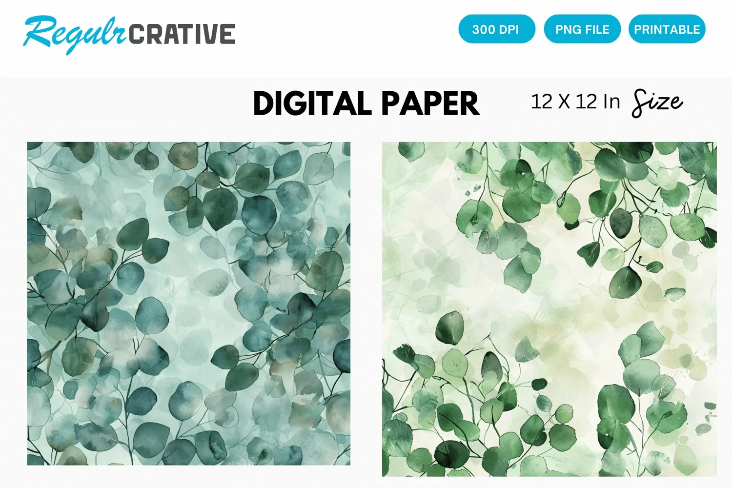 Eucalyptus Watercolor Seamless Digital Paper, Eucalyptus PNG product image 1