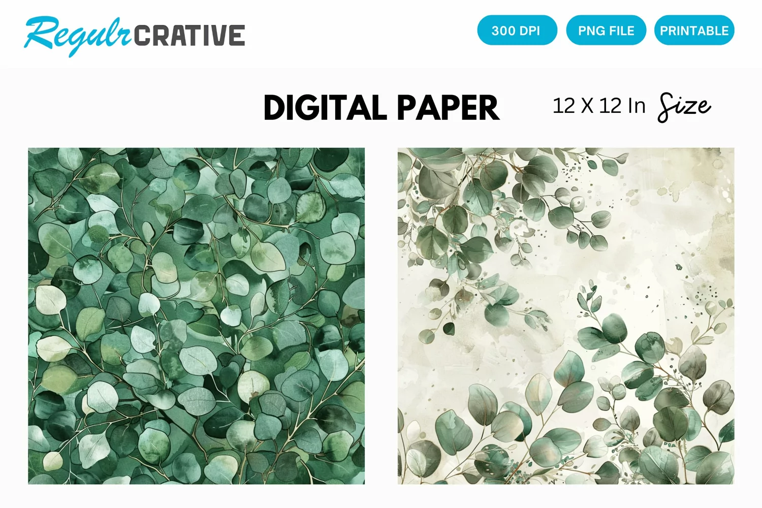 Eucalyptus Watercolor Seamless Digital Paper, Eucalyptus PNG product image 1