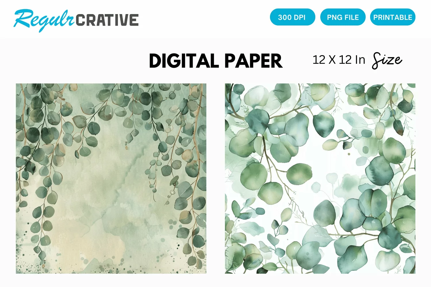 Eucalyptus Watercolor Seamless Digital Paper, Eucalyptus PNG product image 1