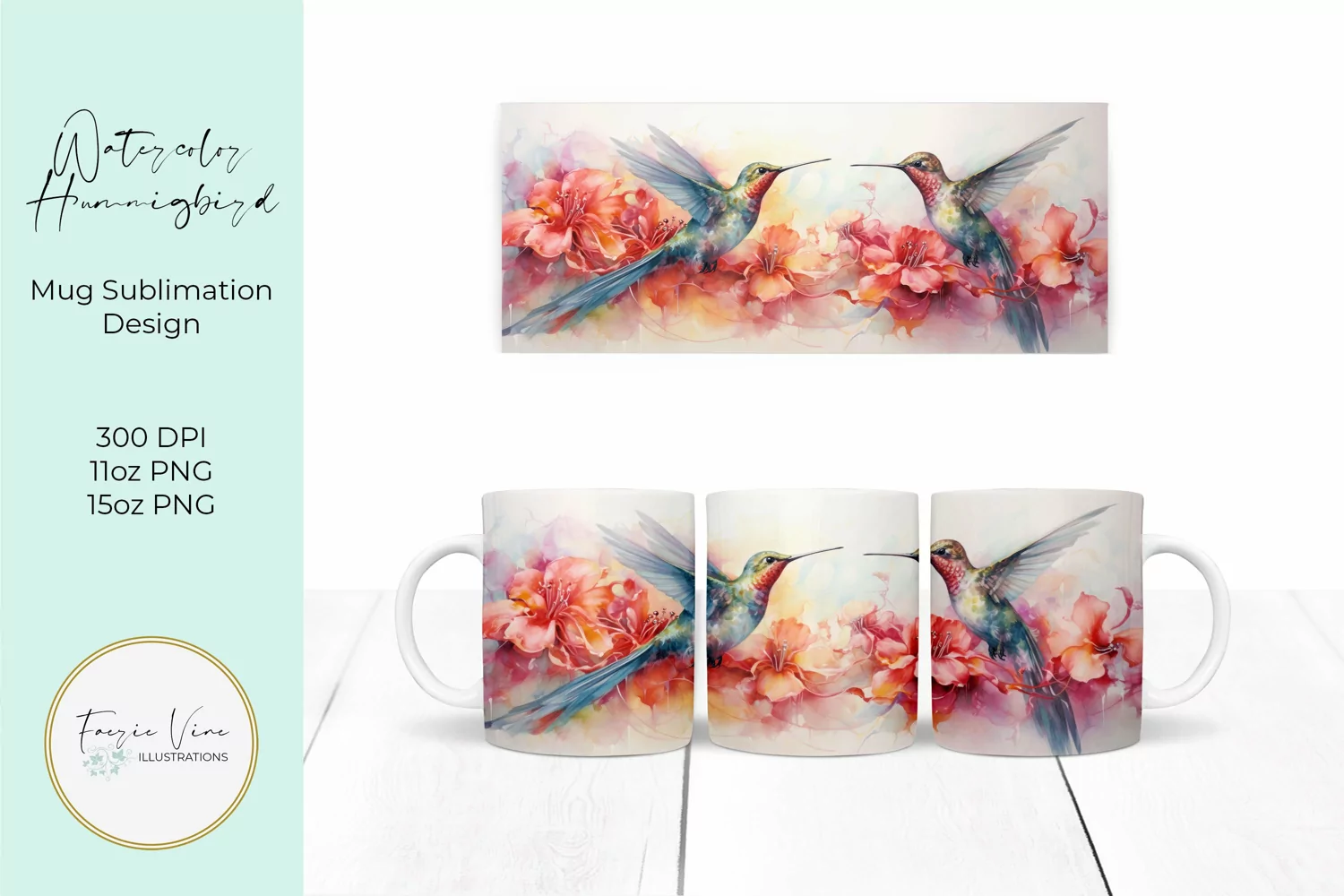 Watercolor Hummingbirds Mug Sublimation Design product image 1