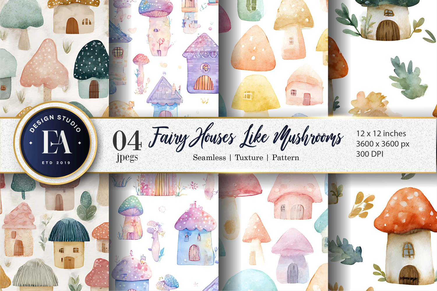 Mushroom Fairy Homes Hand-Painted Design Digital Paper product image 1