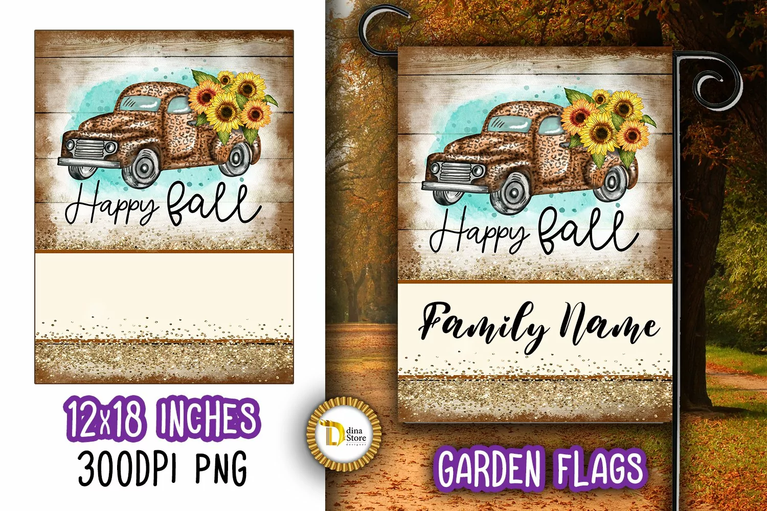 Fall Leopard Vintage Truck Garden Flag PNG product image 1