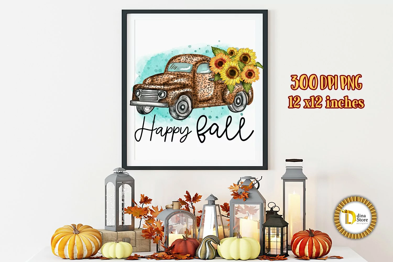 Fall Watercolor Hand Drawn Truck with Sunflowers product image 1