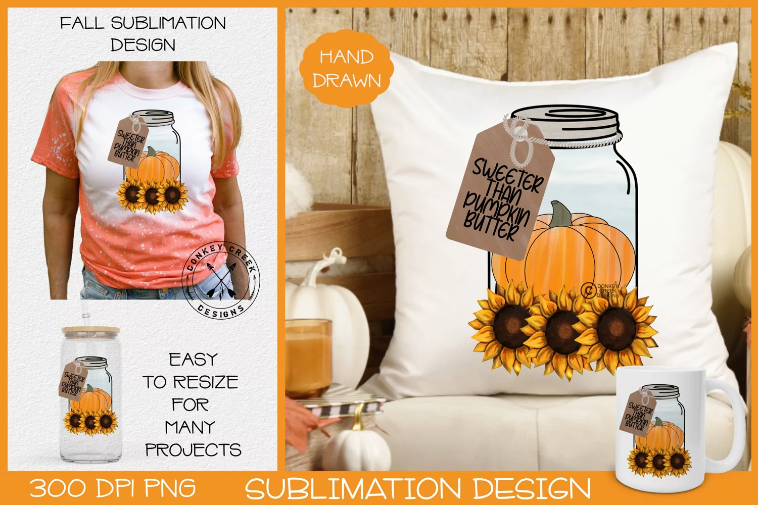 Sweeter Than Pumpkin Butter PNG Fall Sublimation Design- hand drawn watercolor pumpkin and sunflowers.