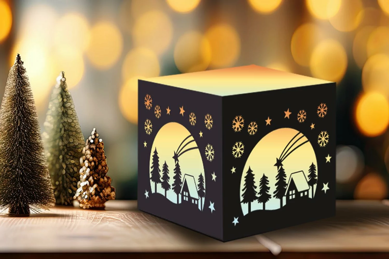 falling star winter cottage tealight box holiday background