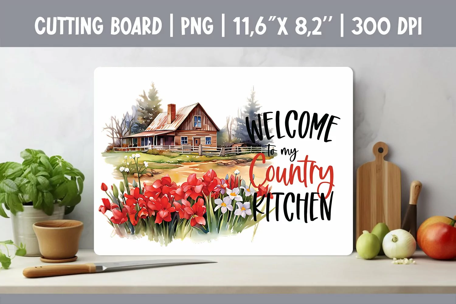 Farmhouse Glass Kitchen Cutting Board Sublimation Design PNG product image 1