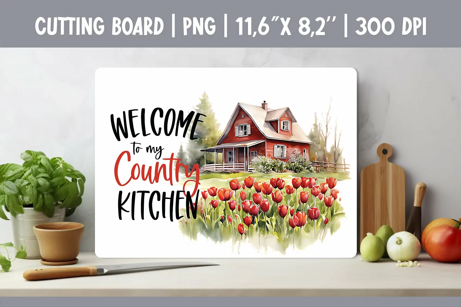Farmhouse Glass Kitchen Cutting Board Sublimation Design PNG product image 1