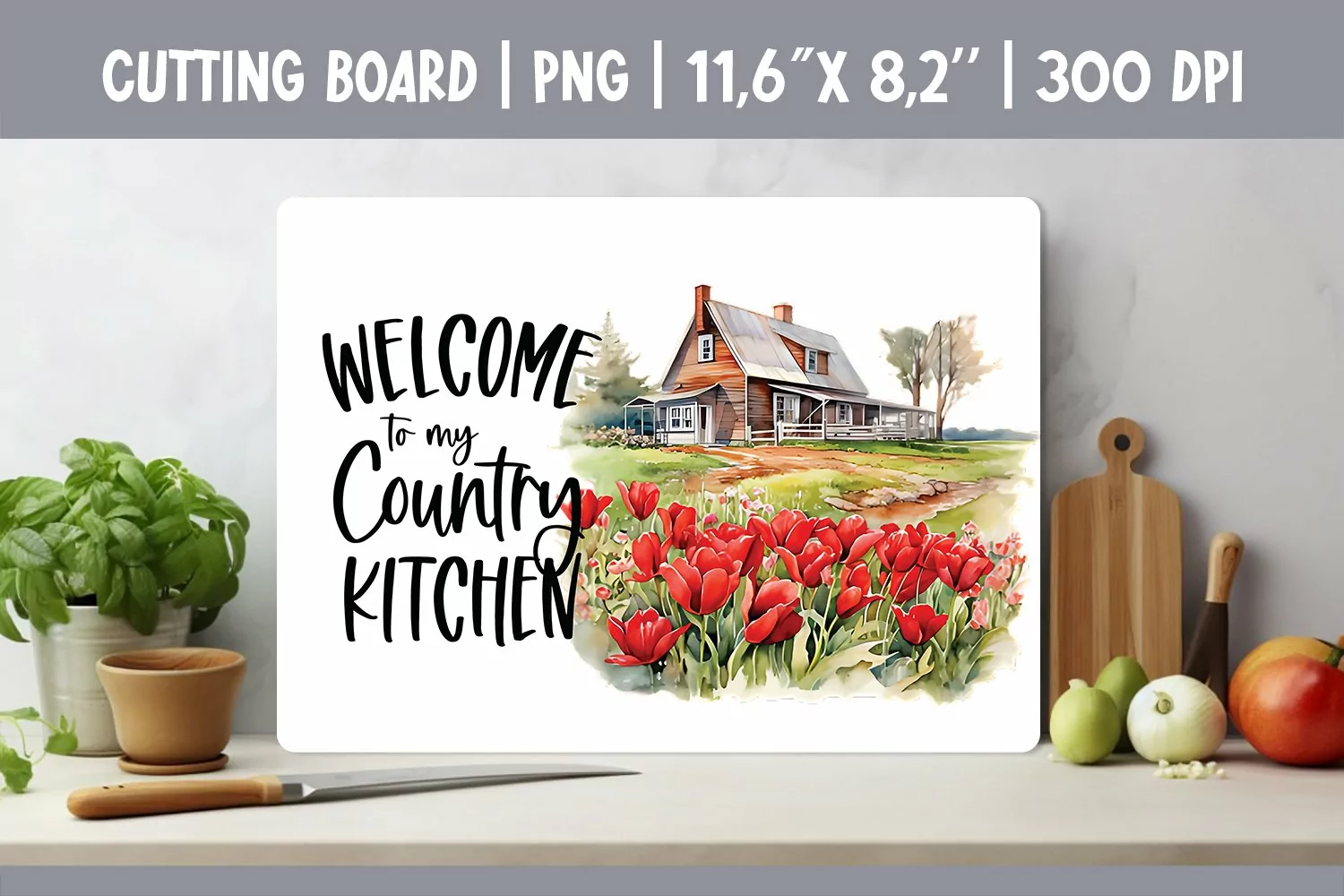 Farmhouse Glass Kitchen Cutting Board Sublimation Design PNG product image 1