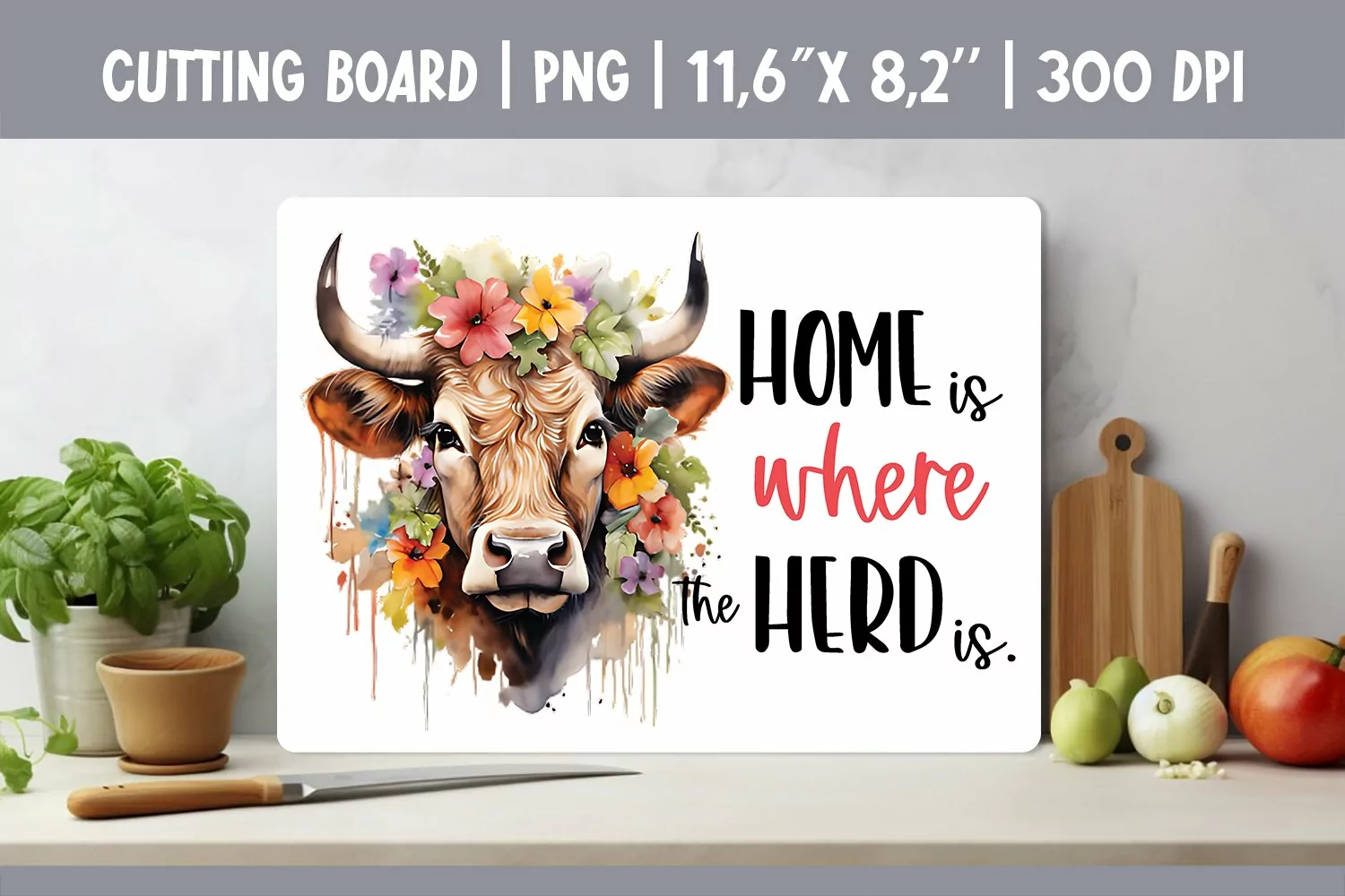 Farmhouse Kitchen Cutting Board Sublimation Design Cow product image 1