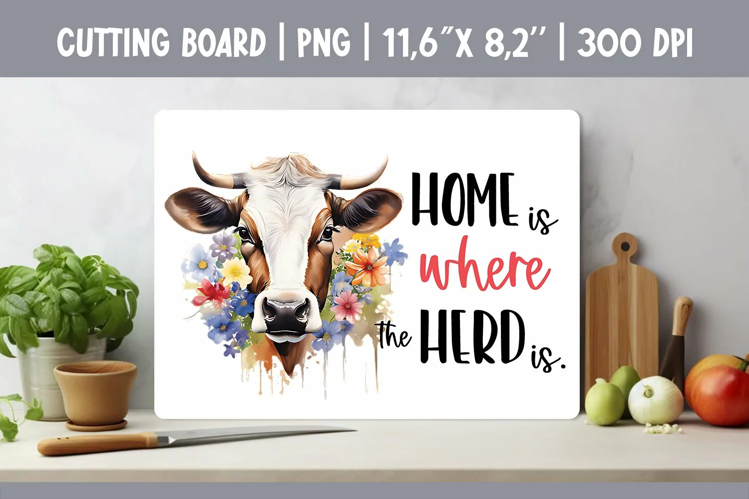 Farmhouse Kitchen Cutting Board Sublimation Design Cow product image 1