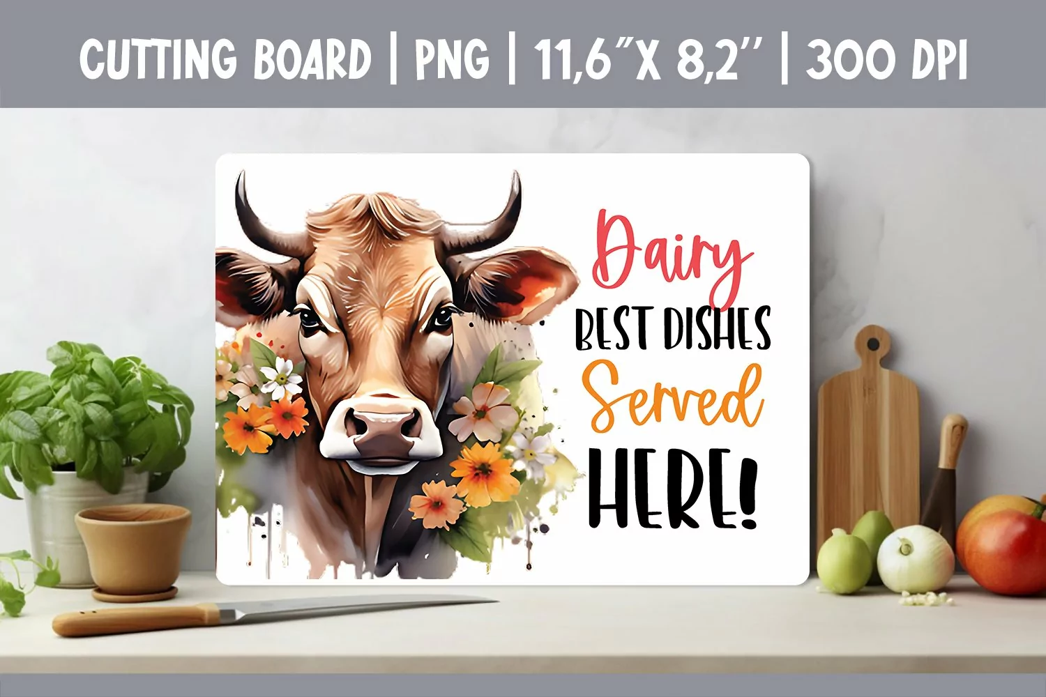 Farmhouse Kitchen Cutting Board Sublimation Design Cow product image 1